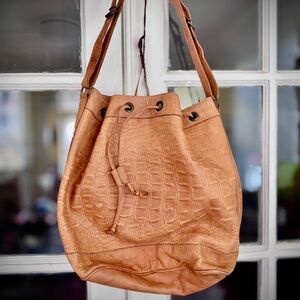 Esprit Vintage tan embossed leather bucket shoulder bag, stained on bottom